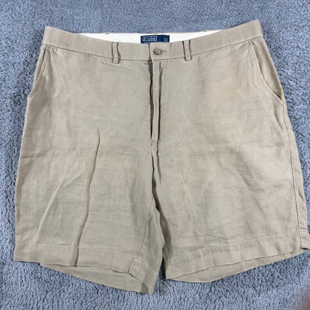 Vintage 90s Polo Ralph Lauren Shorts Men 38 Tan 100% Linen Flat‎ Front Casual